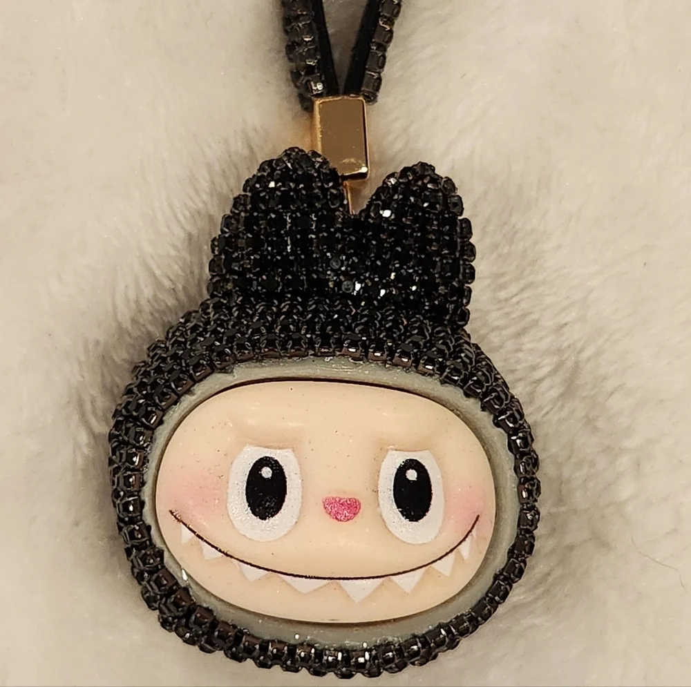 Labubu Black Rhinestone Keychain with Gold Ring Bag Charm